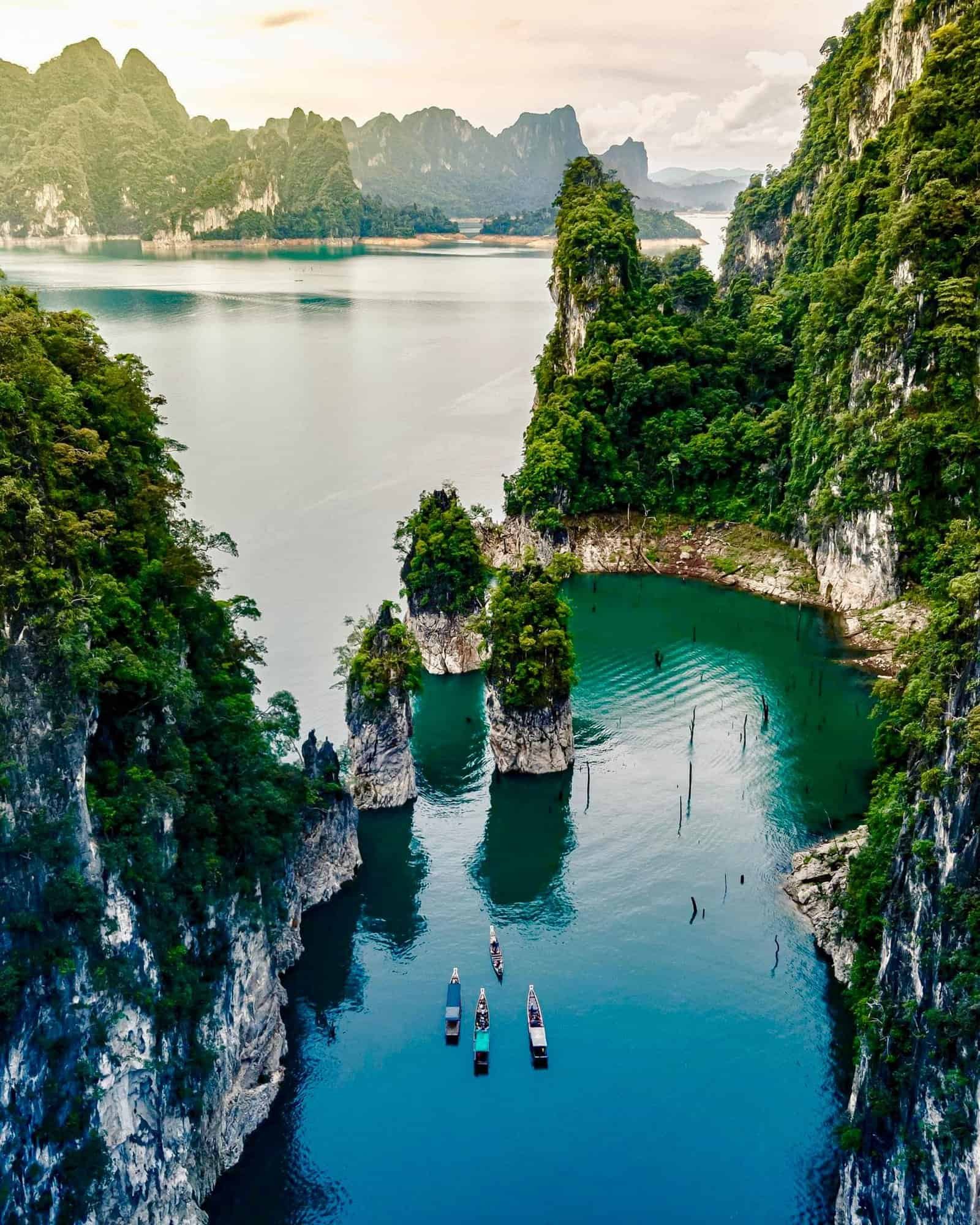 Aerial Cheow Lan Lake Khao Sok limestone karsts rainforest