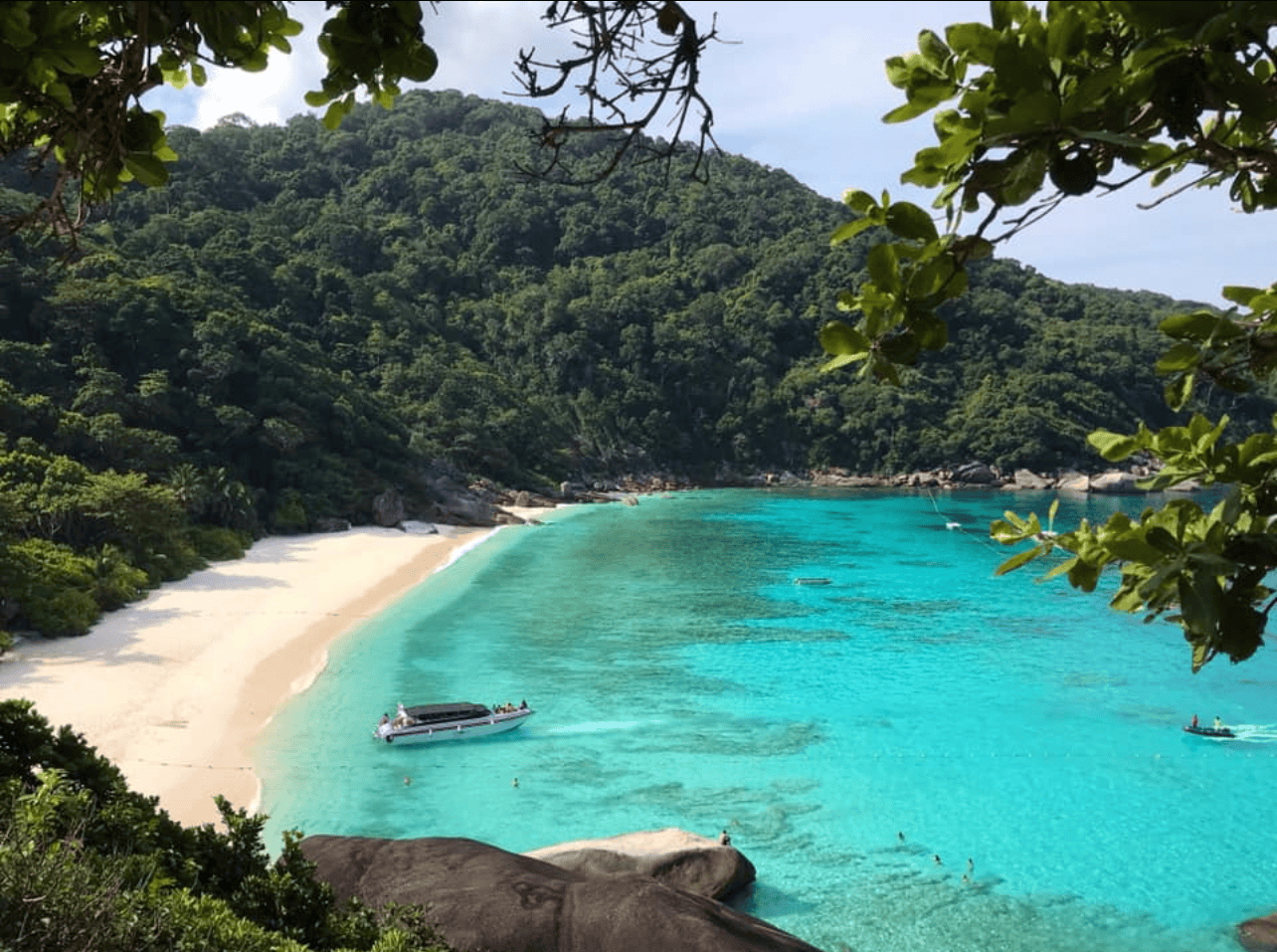 View from top of Sail Rock Similan Islands down on beach and sea