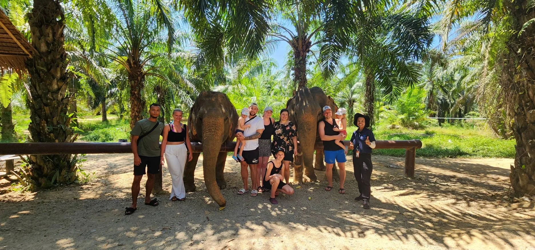 Group with elephants Elephant Welfare Center Khao Lak ethical elephant feeding bathing family tour Thailand
