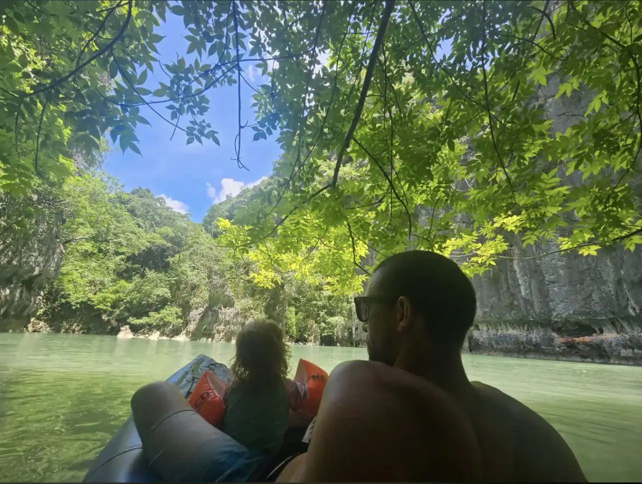 Father and child canoeing inside hong lagoon family tour Phang Nga Bay