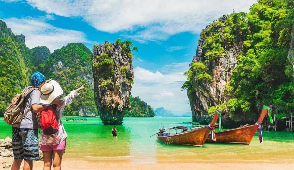 Phang Nga Bay limestone karsts emerald water mangroves aerial view