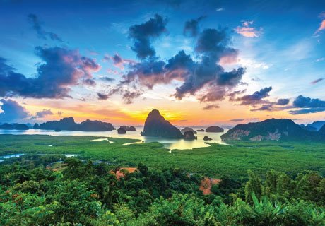 Breathtaking sunrise over limestone karsts at Samet Nangshe Viewpoint overlooking Phang Nga Bay Thailand