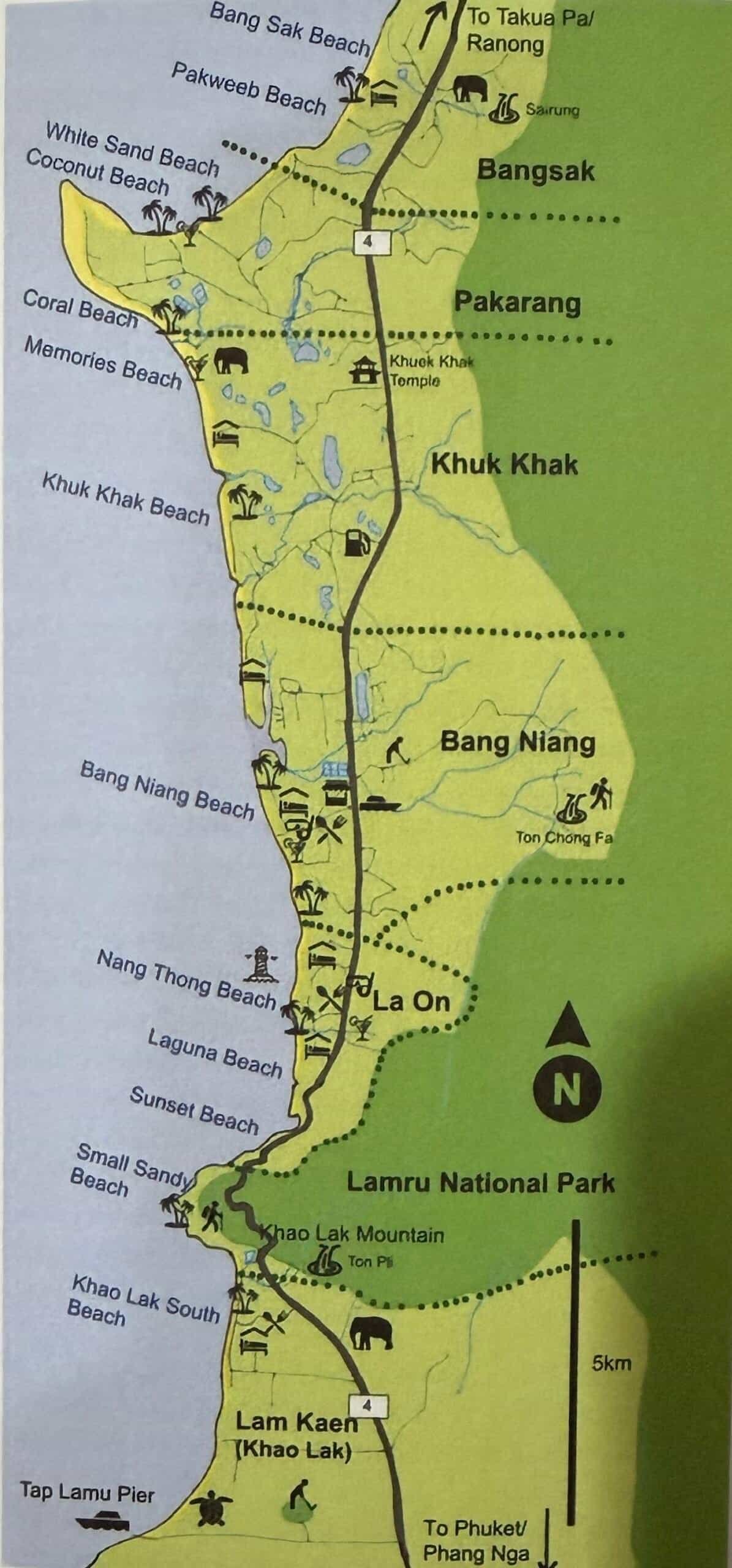 Karte von Khao Lak mit den 4 Zonen: Lam Kaen, Khao Lak Center/Bang Niang, Khuk Khak/Pakarang, Norden