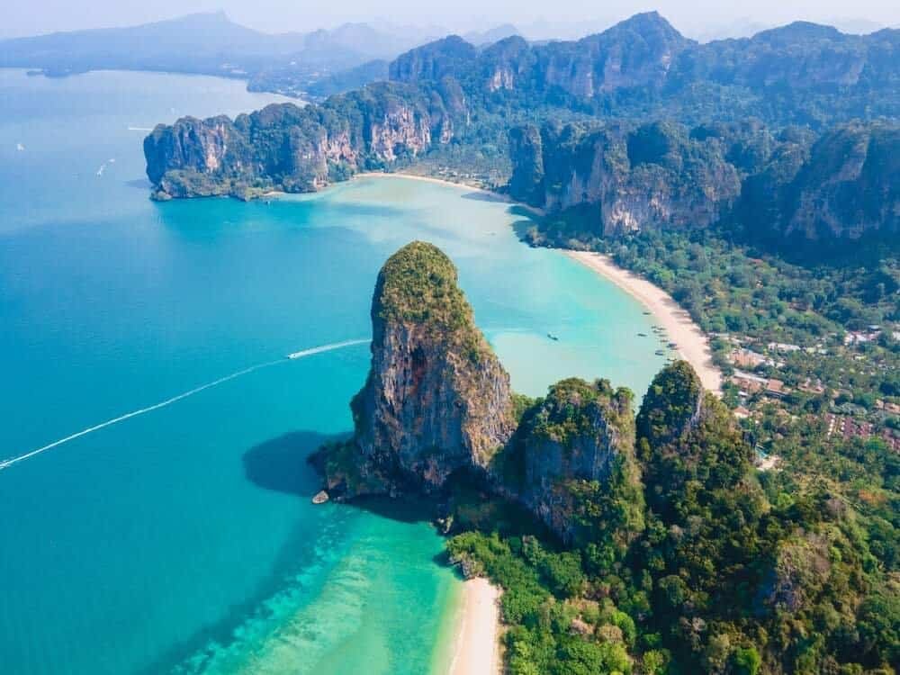 Aerial view of the Krabi coast and Railay Beach with limestone karsts, Thailand