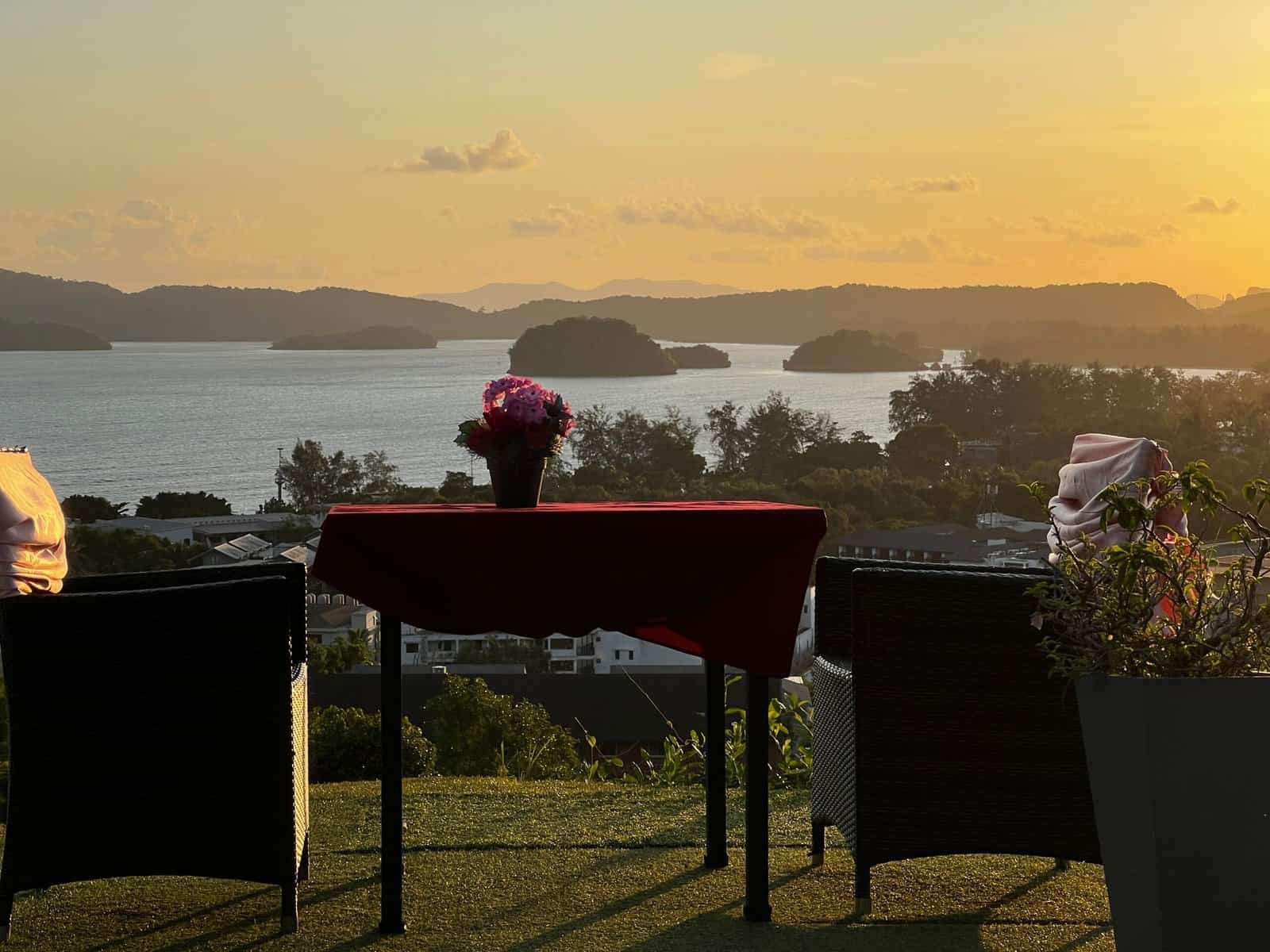 Sunset from a hilltop restaurant overlooking Ao Nang, Krabi, Thailand