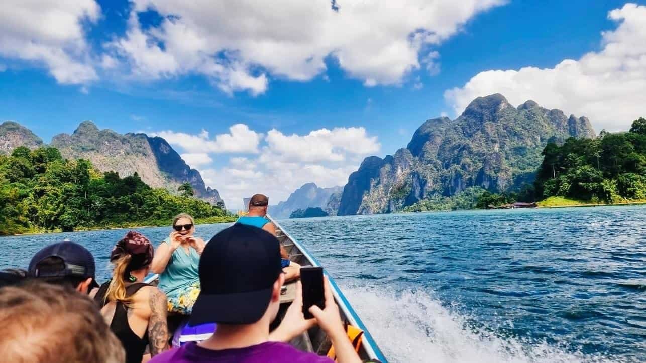 Guests on longtail boat Cheow Lan Lake Khao Sok lake tour