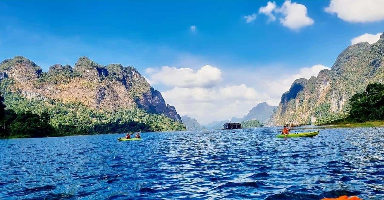 Canoeing on Cheow Lan Lake after lunch at raft house Khao Sok