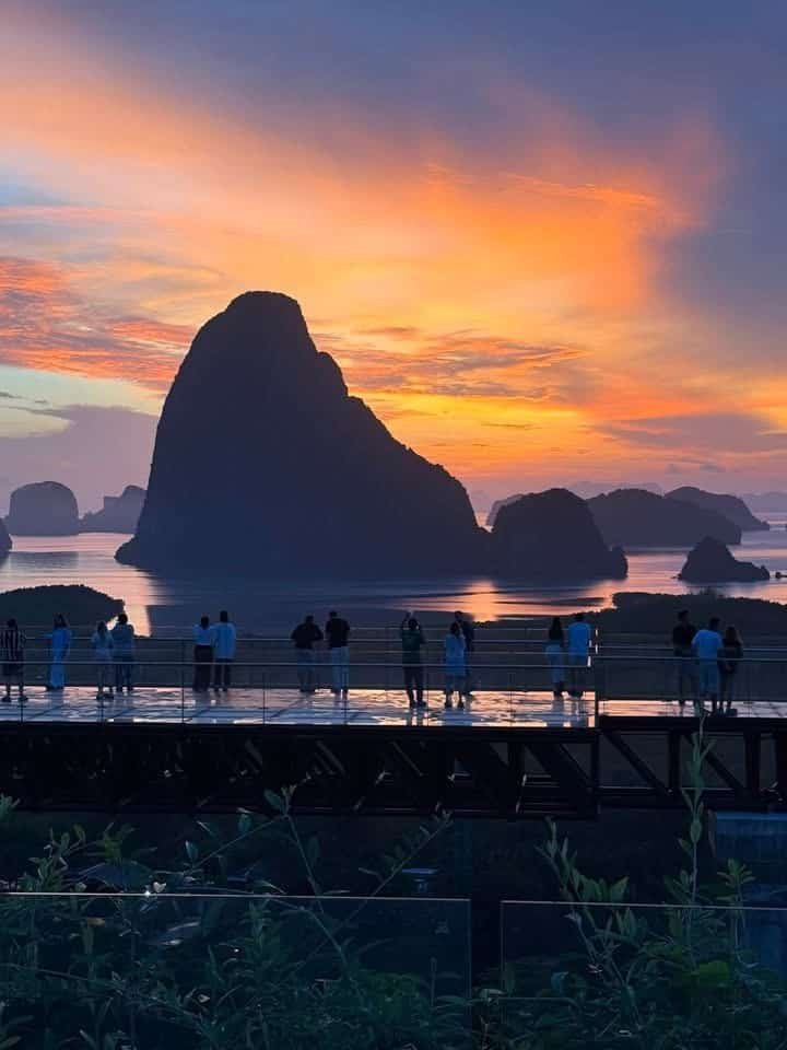 Sun rising behind Phang Nga Bay karsts Samet Nangshe Beyond Skywalk