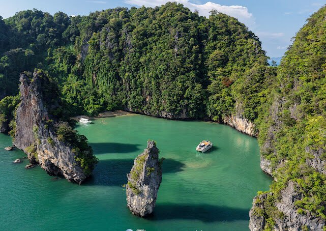 Aerial view Phang Nga Bay near Koh Yao Noi limestone karsts