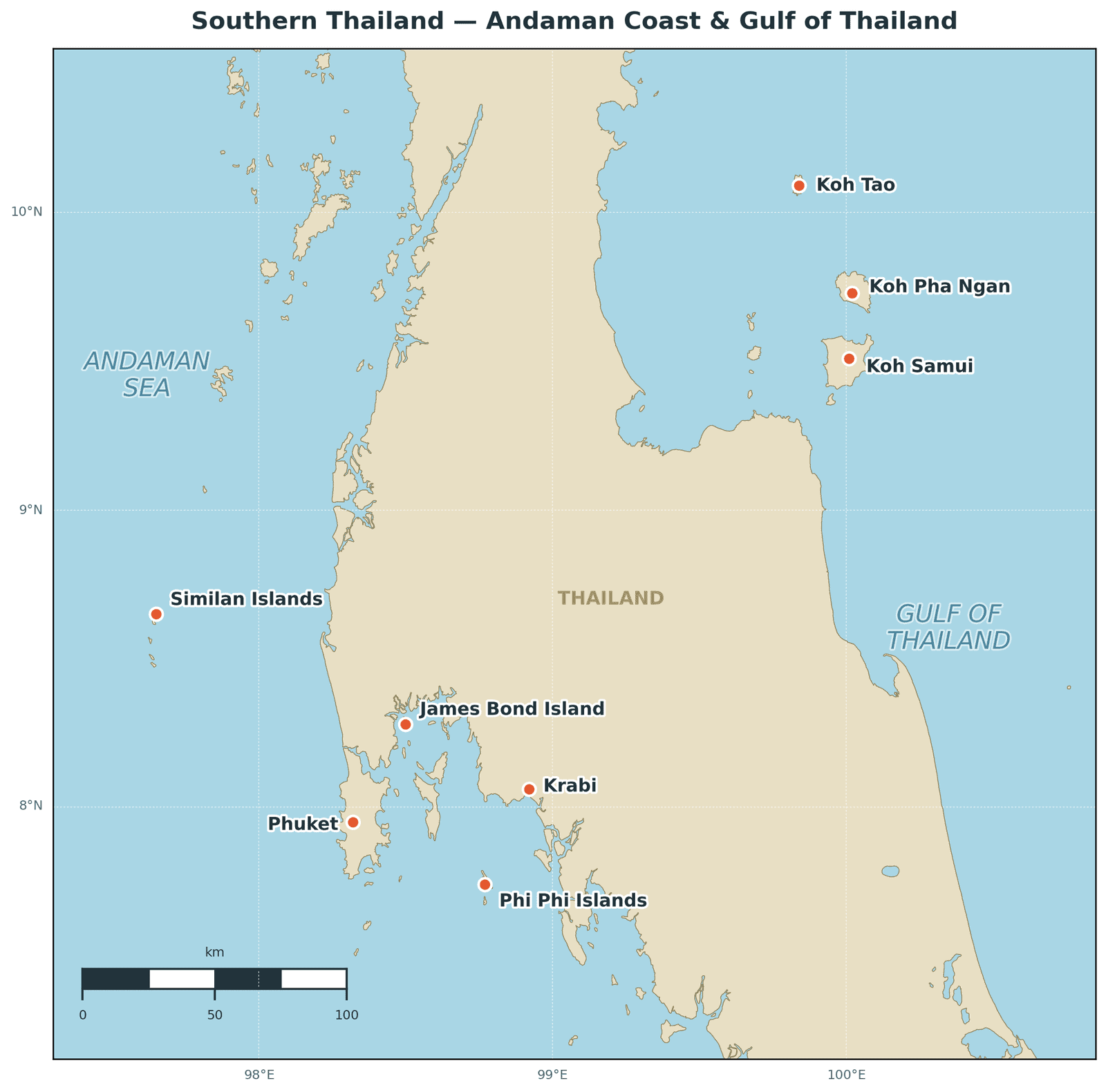 Map of Southern Thailand's Andaman coast showing Phuket, the Similan Islands, Phi Phi Islands and James Bond Island